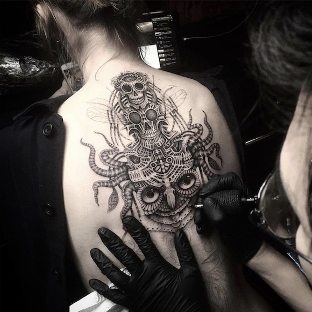 I love this application of my painting, SPINAL TOTEM TATTOO, as a full back piece.  This was done by the amazing tattoo artist @eka_tattoo_bkk. This is a super talented tattoo artist with the skill to do justice to this complicated design.