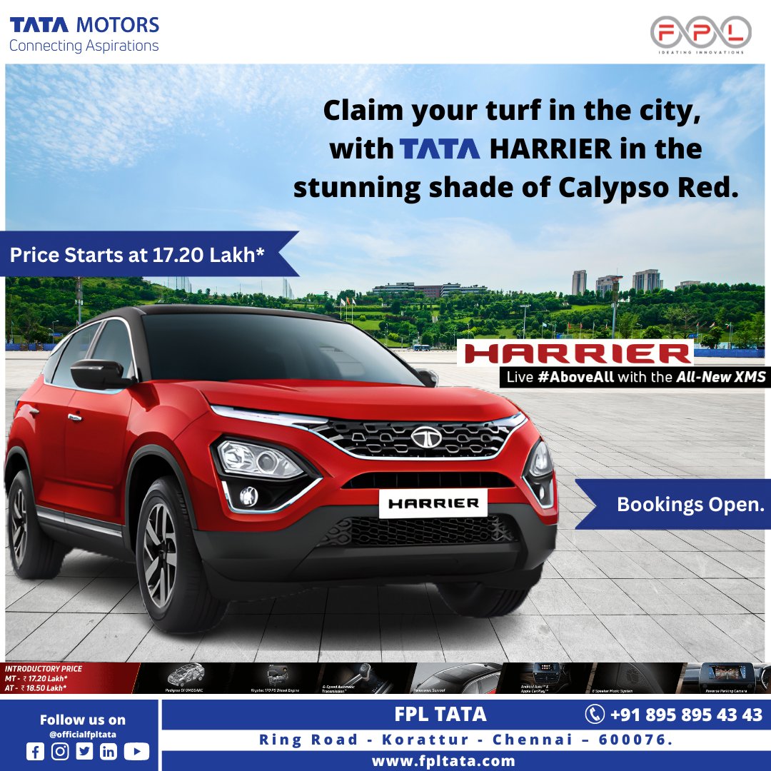 FplTata's tweet photo. Encounter the ultimate enigma on drives in the all new Tata Harrier.​
​
Book the bold SUV by clicking the link - https://t.co/DOjEB63LcY 

FPL Tata
Ring Road - Korattur - Chennai 600076
For more details contact - +91 895 895 43 43
​
#TataHarrier #Harrier #AboveAll #SUV #SUVLife https://t.co/70JVNJi0zq