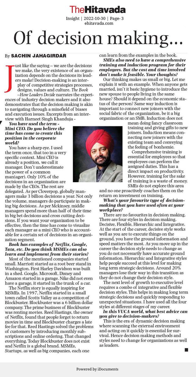 HKhanduja's tweet photo. He asked
This is high time
Companies should have a position like Mini CEO.
I said
That position already exists
We fondly call it “Manager”
That is the baseline of the interview published in The Hitavada #ceo #miniceo #manager https://t.co/aN30TKnn2D