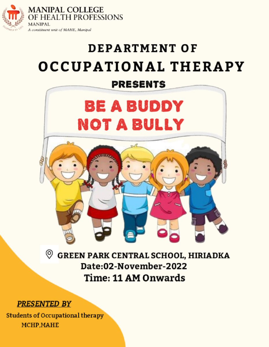 OT_MCHP_MAHE's tweet photo. Hello everyone✨
We the students from @OT_MCHP_MAHE
As a part of our OT Project will be addressing various aspects of Bullying and Prevention for high school students.
Topic: BE A BUDDY, NOT A BULLY!! @GreenPark Central School, Hiriadka
Date: 2/11/2022
11 am
Thank you @MCHP_MAHE https://t.co/JdfCGpEtUu