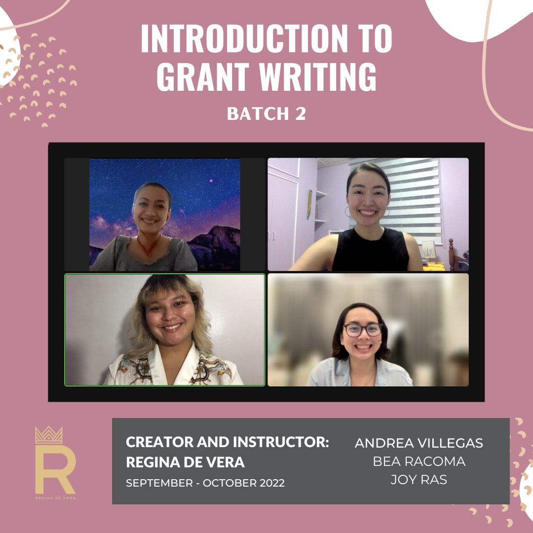 msreginadevera's tweet photo. Just wrapped up Batch 2 of #IntrotoGrantWriting!

Follow @EmpoweringtheFilipinoArtist on Instagram to stay tuned for future offerings!
⁣
#EmpoweringtheFilipinoArtist⁣
#grants #artistgrants #grantwriting #philippines #pinoyartists https://t.co/xnMsBjoEhn