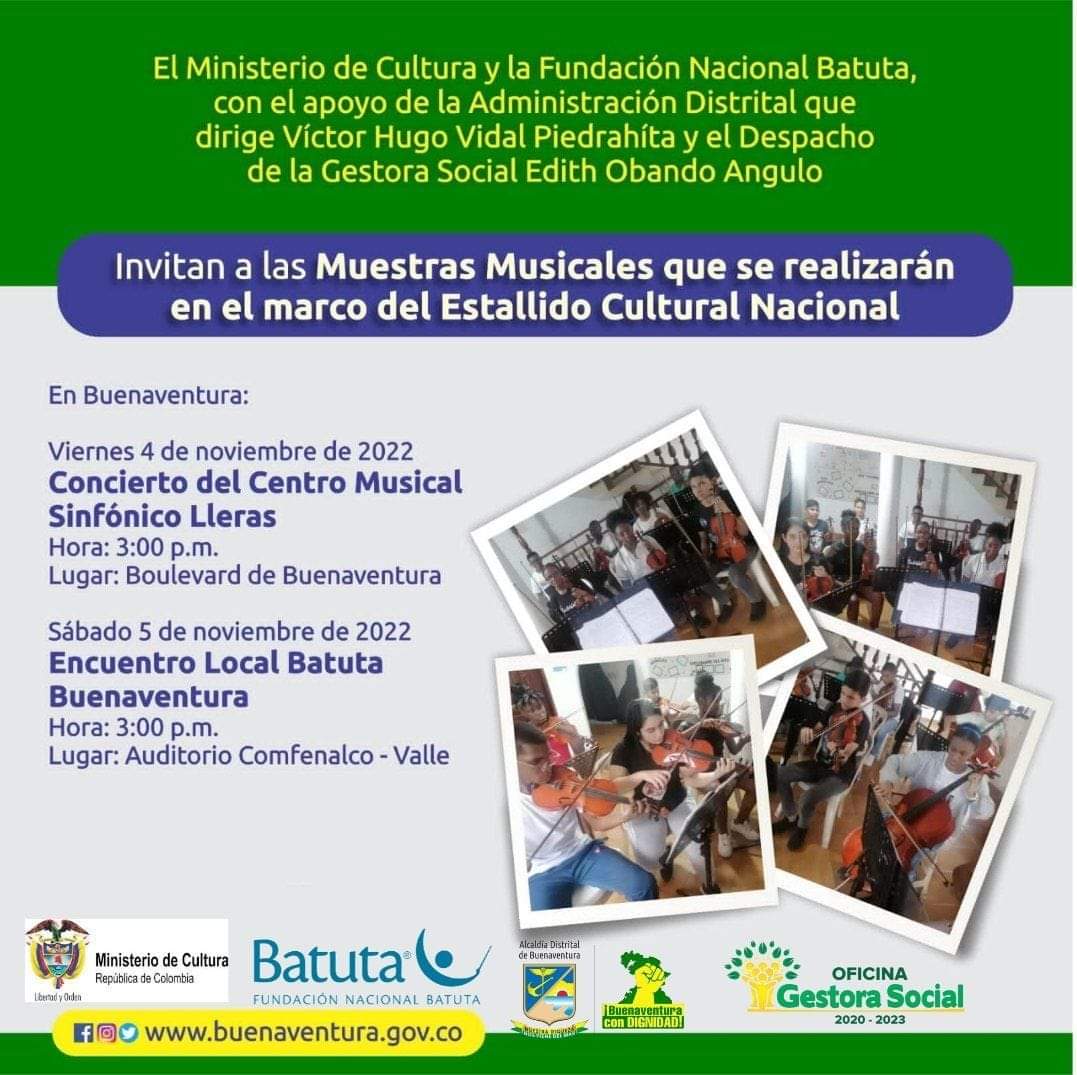 Buenaventura presente en el #EstallidoCulturalNacional🎼🎻🪘
.
.
.
Ven y vive con nosotros el concierto de música sinfónica que brindarán los artistas de nuestro territorio…

#LaMusicaEsCultura
#LaMusicaEsPaz
. . . . . . . . . . . . . . . . . .
Apoyemos lo nuestro 💛💚
