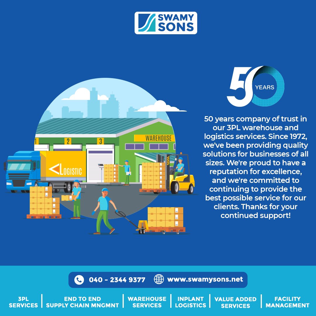 swamy_Agencies's tweet photo. 50+ Years company of trust in our 3PL services. Since 1972, we’ve been providing quality solutions for business of all sizes.
#swamysons #3plservices #warehouse #logistics #logisticcompany #trusted #trustedservice #supplychain #endtoend #inplantlogistics #facilitymanagement https://t.co/d7OR5iSS6e