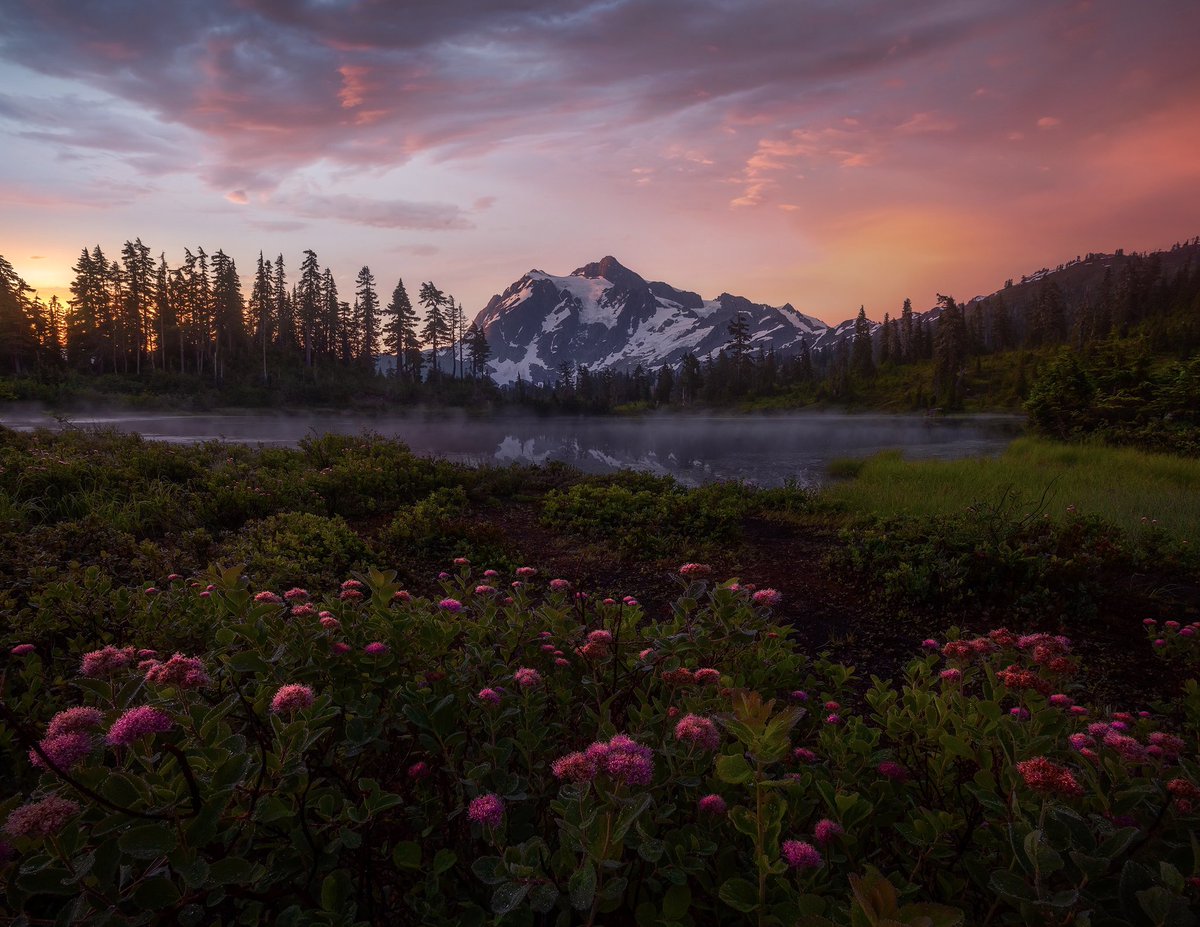 ryandyar's tweet image. One of the more popular mountain profiles in Washington State, Mt. Shuksan, on a misty and colorful summer morning almost a decade ago.