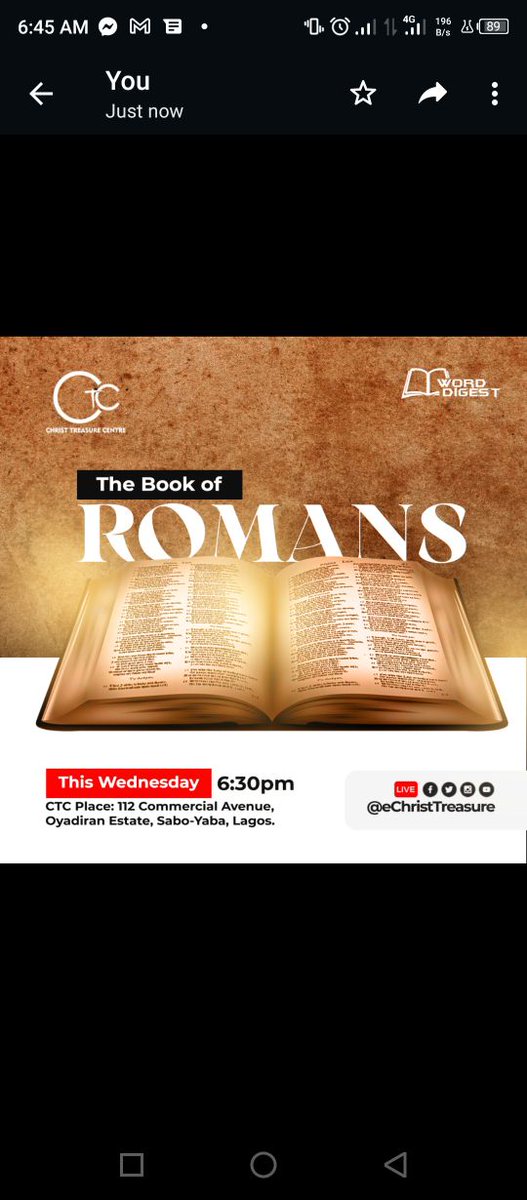 CTCHq1's tweet photo. Join us this evening at 6:30pm at 112 Commercial Avenue, Sabo Yaba Lagos for an in-depth study of God's Word. #wednesdayworddigest  #WordDigest #CTC_online #CTC_Online https://t.co/TAyECYZNG2