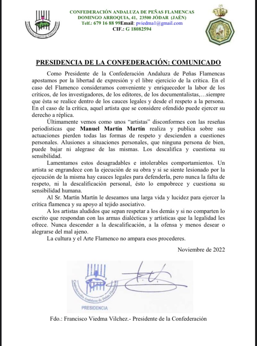 LaAzagaya's tweet photo. El presidente de la Confederación de Peñas Flamencas de Andalucía, Francisco Viedma, condena los actos de agresion, amenaza y acoso de Arcángel y la petición de muerte de Niño de Elche. https://t.co/LLt652kTbs