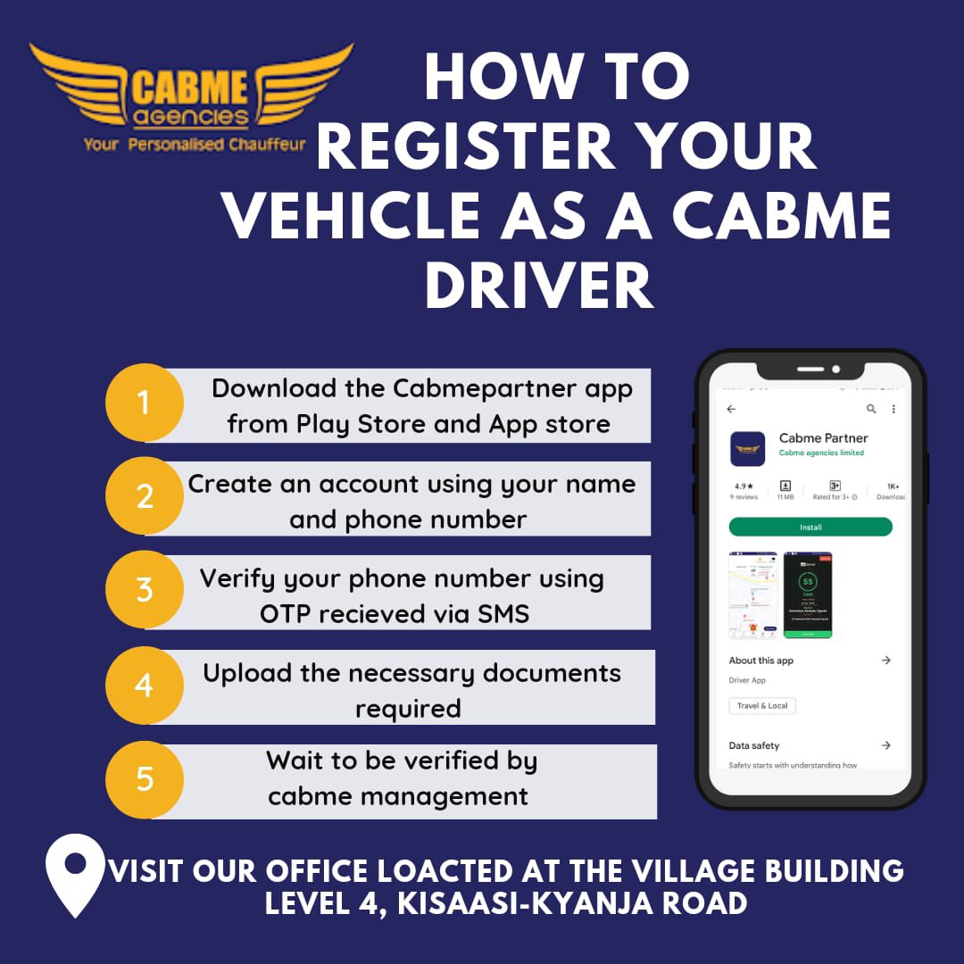 MimiHearts1's tweet photo. Here is a chance for drivers... register your car with @AgenciesCabme and enjoy all the benefits.
You just need to have ;
1. National ID
2. Driving permit
3. Third party insurance
4. Vehicle
And register via https://t.co/XWw6vQ7uRY .
#cabmeApp #cabmerides https://t.co/iCquArebR3