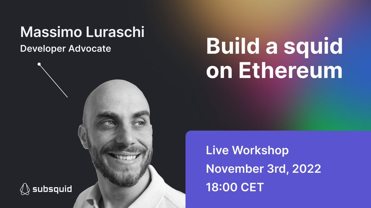 Our first workshop on #Ethereum! Learn how to build a squid that indexes and transforms #EVM data. 🗓️ November 3rd 🌐 10:00 PST, 13:00 EST, 18:00 CET 📍 YouTube: youtube.com/c/subsquid/ Host: Subsquid dev advocate @RaekwonIII