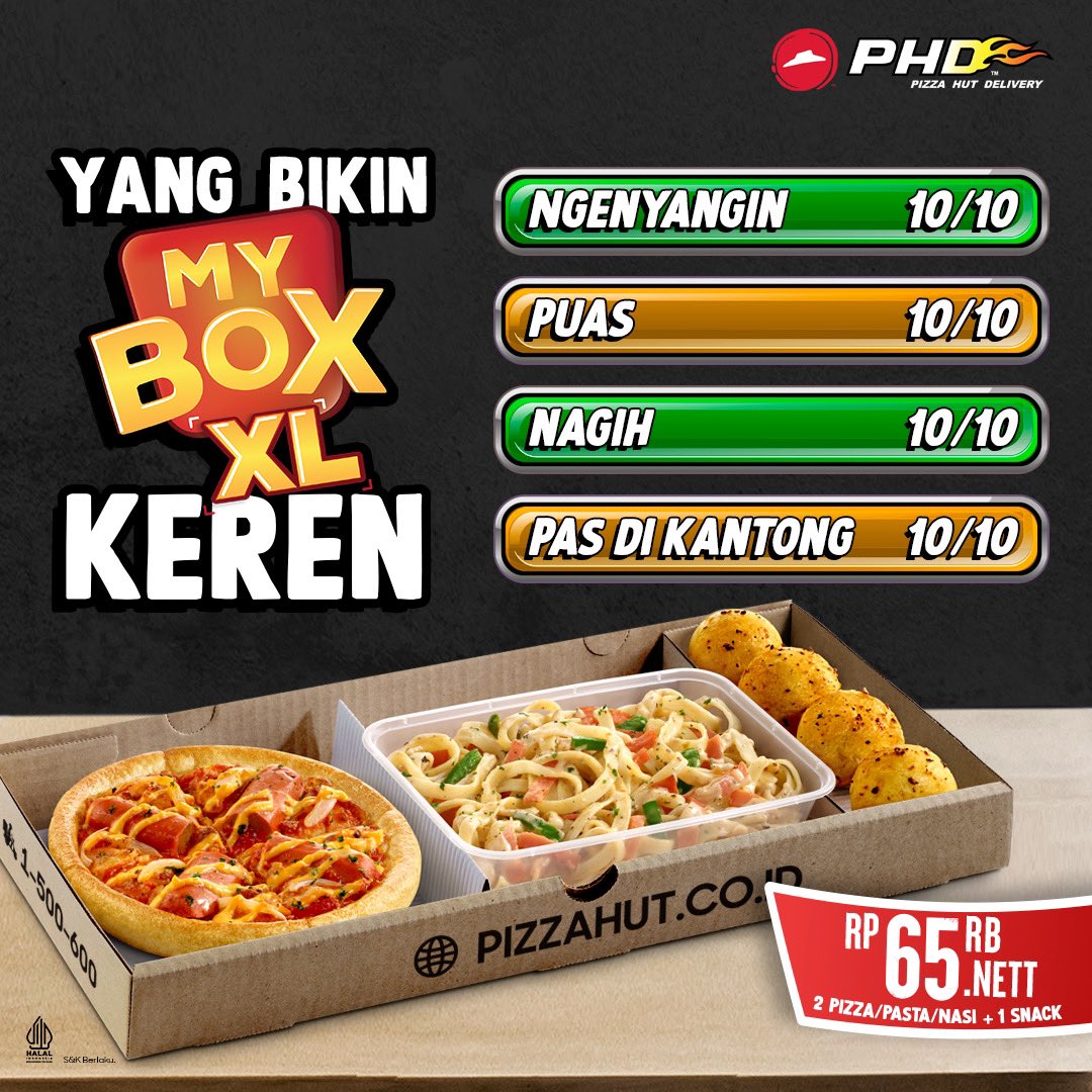 phd_id's tweet photo. My Box XL itu emang pilihan pas buat kamu yang lagi laper berat!

Pengen Pizza, Pasta atau Nasi? Bisa dua2nya loh + mau cemilannya yg bikin kamu makin puas dan kenyang seketika!

#SenengnyadiPHDin #PizzaHutDelivery #MyBoxPHD #LunchMyBox #MakanSiangMyBOx https://t.co/AqQA5nvwtY
