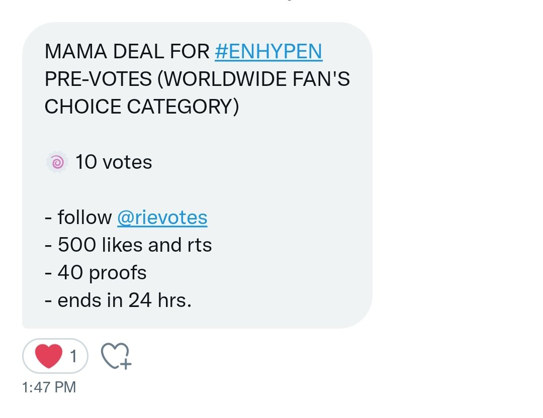 i4shuaa's tweet image. MAMA DEAL FOR #ENHYPEN 
PRE-VOTES (WORLDWIDE FAN'S
CHOICE CATEGORY)

🍥 10 votes 

- follow @rievotes
- 500 likes and rts 
- 40 proofs 
- ends in 24 hrs.

#enhypen #MAMAVOTE