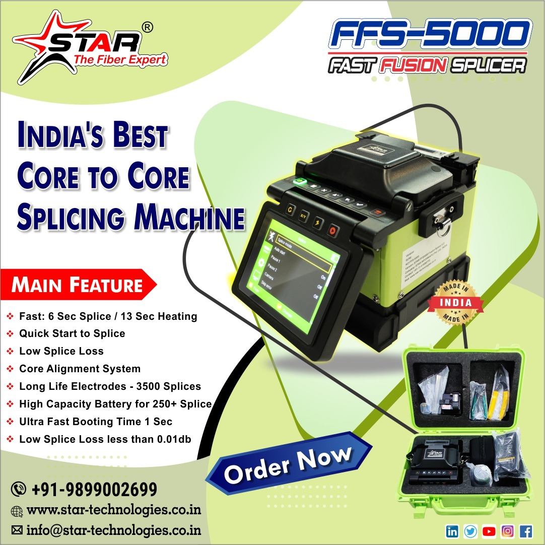 StarInfomatic's tweet photo. Presenting India's budgeted Fiber #SplicingMachine
STAR Fast #FusionSplicer 5000 with all standard features.
#BestFusionSplicer #startechnologies #FastFusionSplicer #FiberOpticNetwork #FusionSplicing #FTTH #StarInfomatic #FFS5000 #fiberOptical #FiberOptics #OpticalFiber https://t.co/tn7NIaUXqe