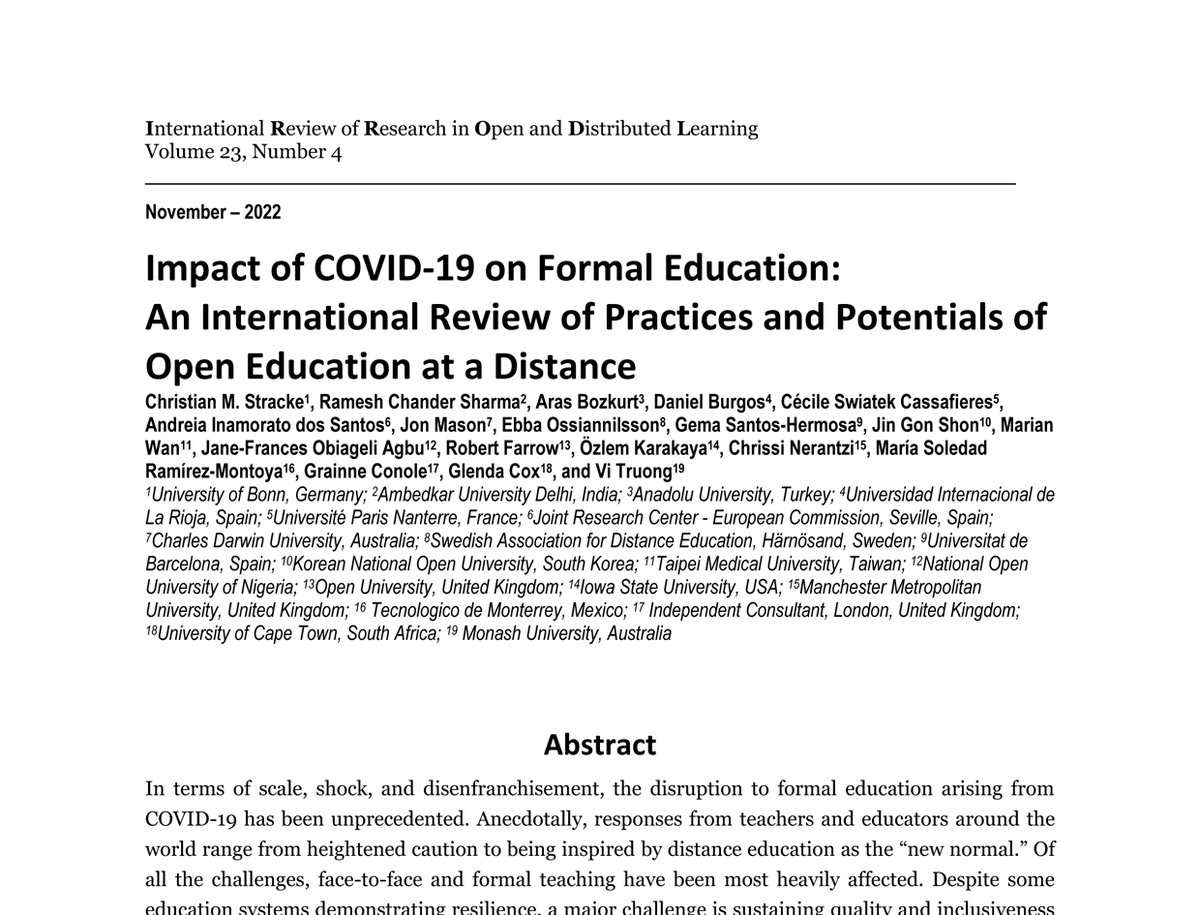 Out now:

Great research collaboration on #impact of #openeducation during #COVID19 in 13 countries 

irrodl.org/index.php/irro…

together with:
(... continued:) @philosopher1978 <a href="/ozlemkarakaya07/">Ozlem Karakaya</a> <a href="/chrissinerantzi/">Chrissi Nerantzi</a> Maria Romirez-Montoya <a href="/gconole/">Grainne Conole</a> <a href="/Glencox/">Glenda Cox</a> <a href="/ViNgocTuongTru1/">Vi Truong</a>