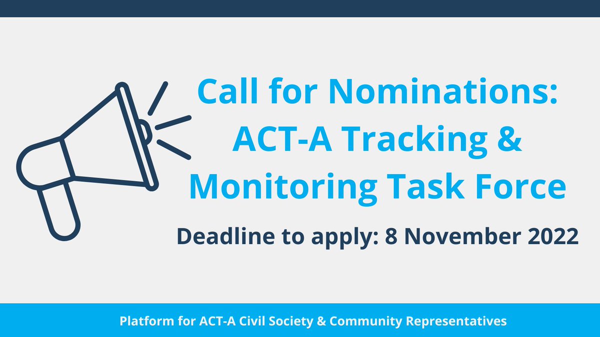 ACTA_CSOReps's tweet photo. 📢 Call for nominations: 2 civil society &amp; community representatives to the @ACTAccelerator Tracking &amp; Monitoring Task Force

⏰ Apply before 8 November

➡️ More information: https://t.co/wbKYtBQwSp https://t.co/STmQ3ZaYZ2