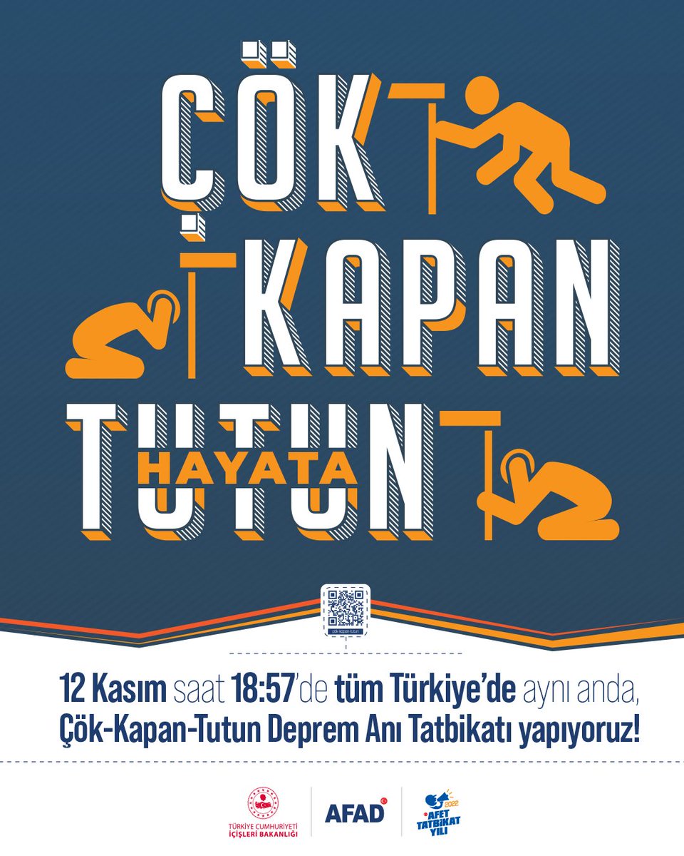 📍 Tüm Türkiye
🗓️ 12 Kasım 2022
🕖 18.57

Ülkemizde ilk kez, tüm vatandaşlarımızın katılımıyla aynı gün, aynı saatte;

𝗖̧𝗢̈𝗞 - 𝗞𝗔𝗣𝗔𝗡 - 𝗧𝗨𝗧𝗨𝗡
𝗗𝗘𝗣𝗥𝗘𝗠 𝗔𝗡𝗜 𝗧𝗔𝗧𝗕𝗜̇𝗞𝗔𝗧𝗜

yapıyoruz!

Hep birlikte;
Afetlere Hazır Türkiye! 🇹🇷