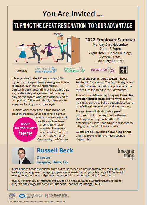 Capital City Partnership's Employer Seminar, focuses on 'The Great Resignation', and how organisations can focus on the 4 C's that employees want in their working life - Career, Cause, Community and Culture. 
Book your free space now bit.ly/3Npruwl