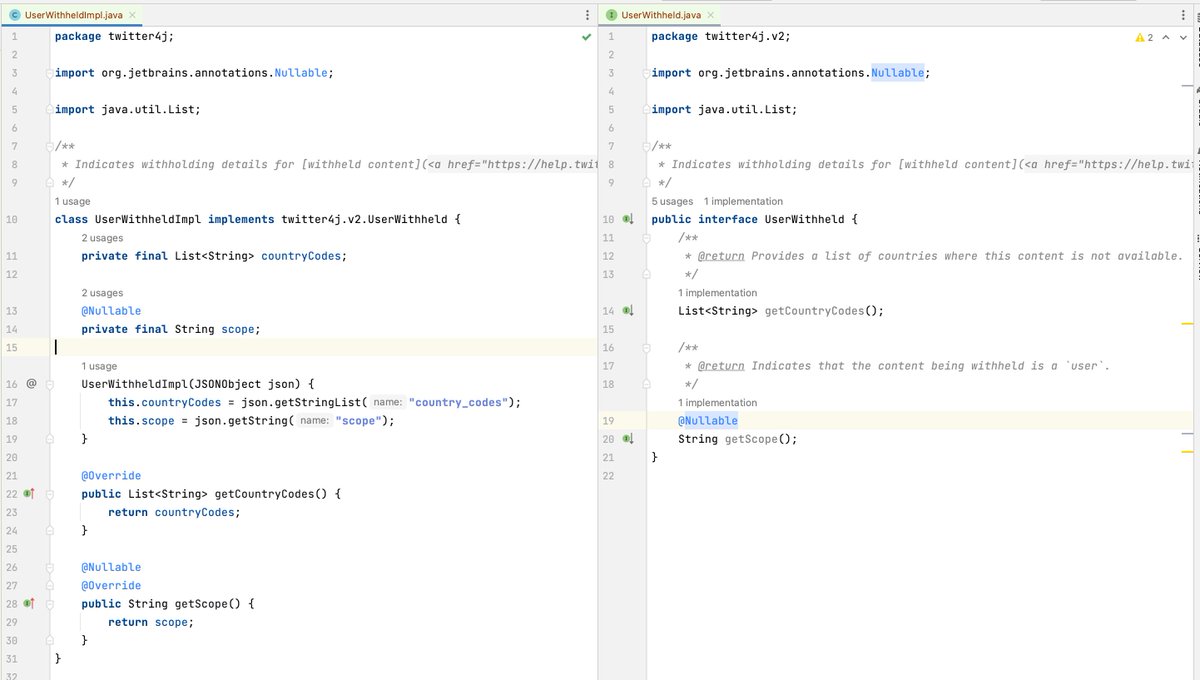 yusuke's tweet photo. 今作ってるJSON Schema→Javaジェネレータ、だいぶいい感じになってきた。スキーマ(1枚目)からSwagger Genで生成(2枚目)するとアノテーションだらけ、setterだらけなのが、自前ジェネレータ(3枚目)だとめちゃめちゃスッキリなインターフェースと実装クラスが出来上がる #twitter4j https://t.co/2jBkl8Oanc