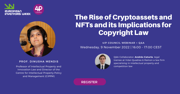 4ipcouncil's tweet photo. We have the pleasure to annouce our upcoming webinar "The Rise of Cryptoassets and NFTs and its Implications for Copyright Law". https://t.co/VEsyumuQ8y
This is a #EuropeanInventorsWeek event. #NFTs #cryptoassets #metaverse #copyright #copyrightlaw https://t.co/8dxkP2wH8X