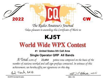 First place QRP in W5 is easy when there are no other W5 QRP entries.  It was a fun contest for the 9 hours that I was on.  #hamr #cqwpx #radiosport