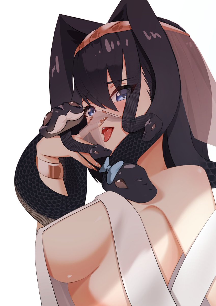 1girl breasts tongue snake tongue out solo black hair  illustration images