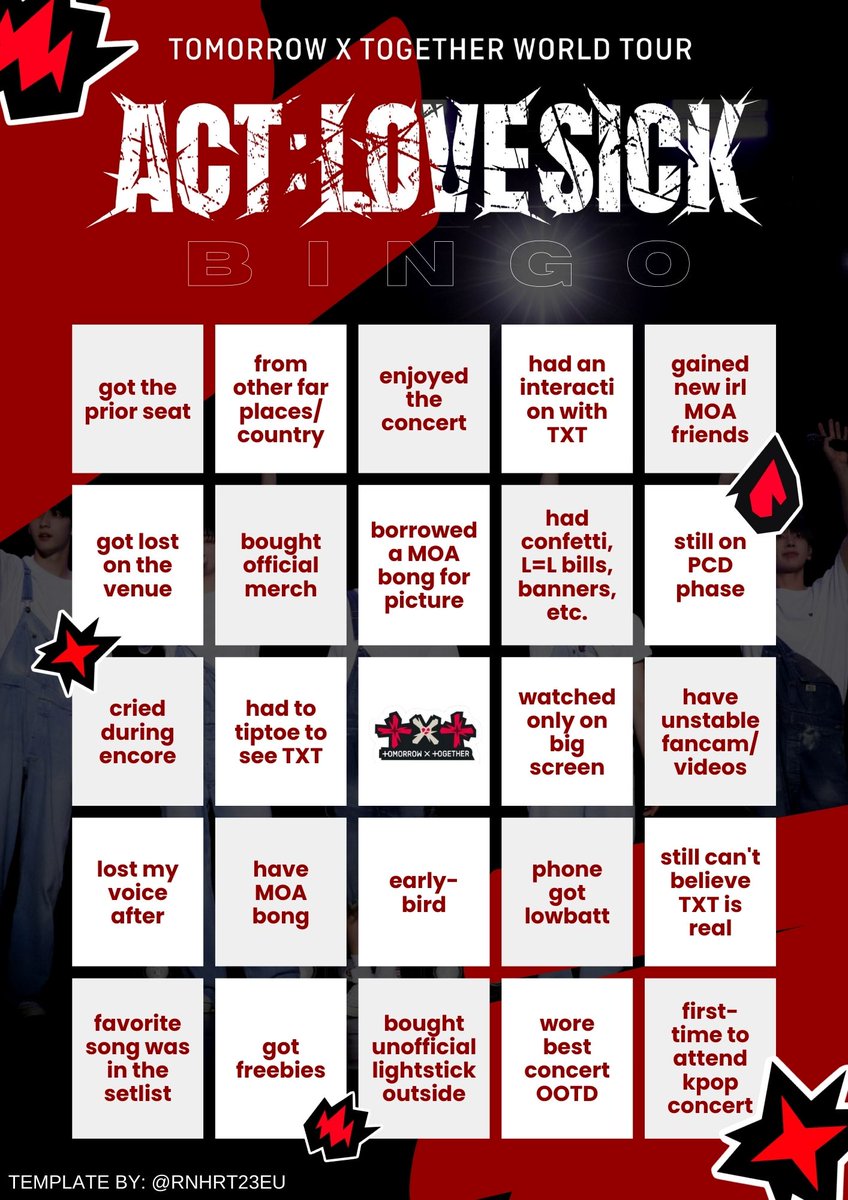 RNHRT23EU's tweet photo. BINGO Act:Lovesick Concert Edition !! Lezzgo, palalain natin PCD niyo HAHAHA

Please insert #MAMAVOTE #txt with your bingo card https://t.co/7hicV83qtb