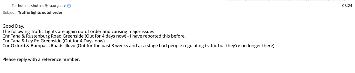 YourPresencePro's tweet photo. @MyJRA Good day, same traffic lights out reported repeatedly already https://t.co/Gp2cIoWRNz