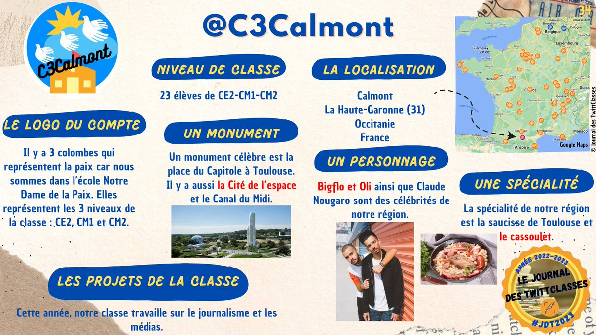 JdTwittclasses's tweet photo. Poursuivons les présentations des TwittClasses d'Occitanie avec deux classes de Haute-Garonne : les @C3Calmont de #Calmont et les @montbulis de #Montberon !
#Occitanie #HauteGaronne #JdT2023 #PrésentationJdT https://t.co/8dZl3rioXA