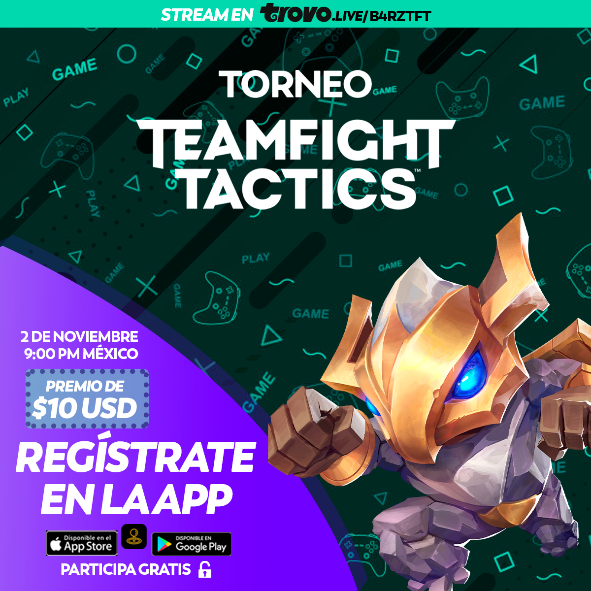GamershipMX's tweet image. El mejor lugar para competir  💪🏼 Sólo con Gamership

Torneo #TeamFightTactics en Gamership con @B4rzTFT

🕹02 Noviembre a las 🕜 9:00PM | CDMX 
🕹10 USD en Premio. 💰

 Por📺: trovo.live/B4rzTFT
Etiqueta a tus rivales favoritos😎