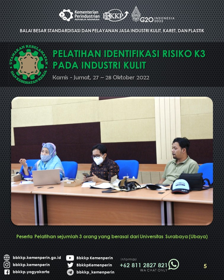 BbkkpKemenperin's tweet image. BBSPJIKKP selenggarakan Pelatihan Identifikasi Risiko K3 pada Industri Kulit (27-28 Okt 2022). Masalah K3 dalam pelaksanaan suatu pekerjaan menjadi prioritas yang harus diperhatikan. Sobat Industri setuju?

#kemenperin_ri #bbspjikkp #bbkkp
#pelatihan #risiko #K3 #industri #kulit