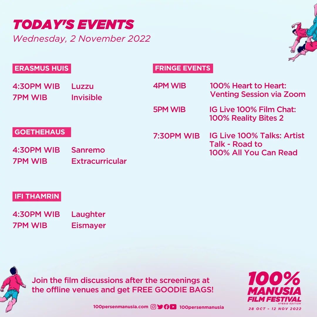 moviegoersID's tweet photo. Jadwal Screening dan Event Offline dan Online Festival #100PersenManusia
Rabu, 2 November 2022.
#100PMFF2022 https://t.co/Vun8v3GpDJ