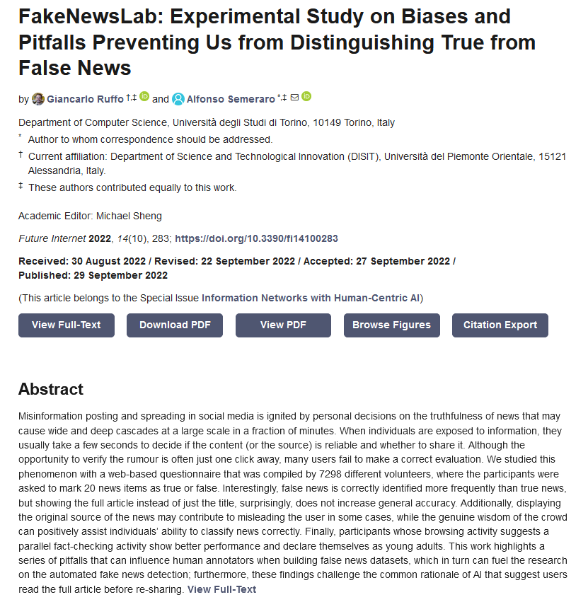 FutureInternet6's tweet photo. A new paper was published by Giancarlo Ruffo et al. from Italy.

FakeNewsLab: Experimental Study on Biases and Pitfalls Preventing Us from Distinguishing True from False News

#fakenews
misinformation
#disinformation
#socialmedia
#socialinfluence

https://t.co/bAjx04NAs6 https://t.co/yiOcWrxMbU