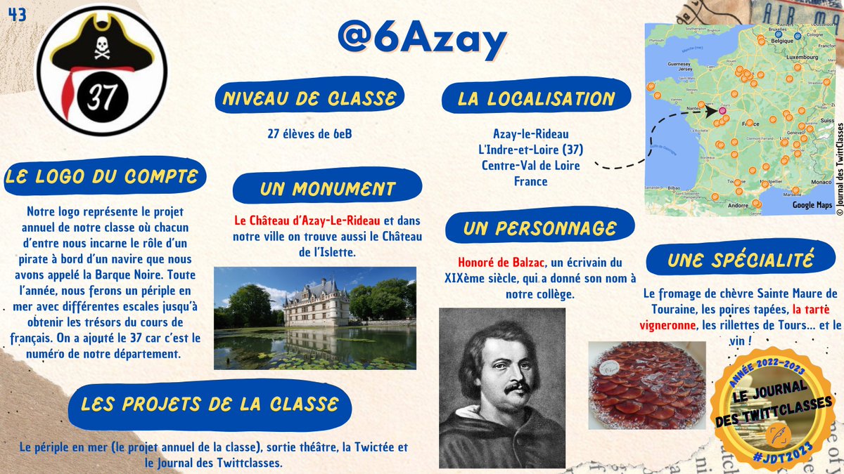 Terminons les présentations des TwittClasses du Centre-Val de Loire avec les <a href="/6Azay/">6AzayLR</a> d'#AzayLeRideau du département de l'Indre-et-Loire. #CentreValDeLoire #IndreEtLoire #JdT2023 #PrésentationJdT