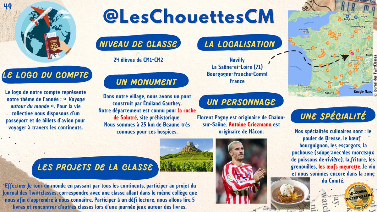 JdTwittclasses's tweet photo. Et pour terminer les présentations de ce mardi et des TwittClasses de Bourgogne-Franche-Comté, voilà @leschouettesCM de #Navilly du département de la Saône-et-Loire. #BourgogneFrancheComté #SaôneEtLoire #JdT2023 #PrésentationJdT https://t.co/jrUbbqk5Xc