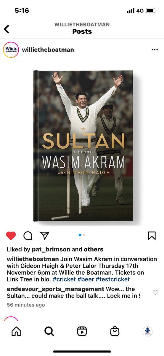 Why not join us with @plalor @gideonhaigh listening to the #sultan himself @wasimakramlive at @BoatmanPat on Thursday 17 November ! @ThatJimmySmith @cricket_illaw @TheCricketerMag