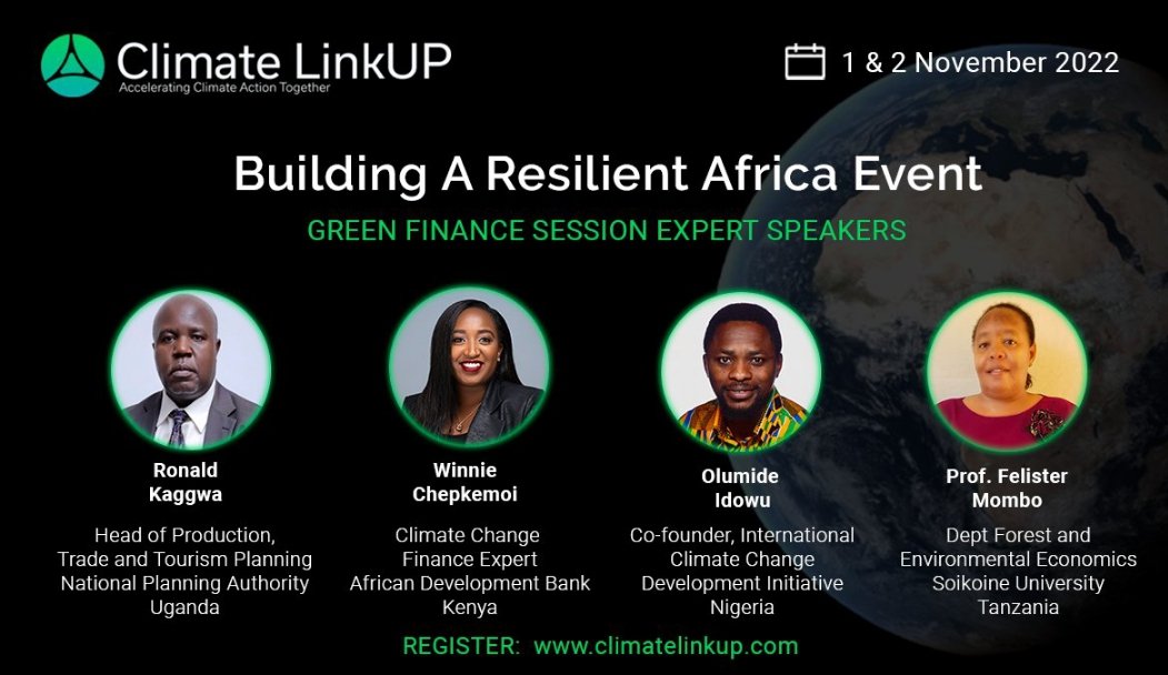 Today we will be hosting incredible speakers at Climate LinkUP from 11AM EAT

You can be part of these discussions on Green financing,  Climate policy and Governance.

us06web.zoom.us/webinar/regist…

@kylamutai @OlumideIDOWU @ClimateLinkUP @aym4cop @kean_network @AfDB_Group @eliudkibii