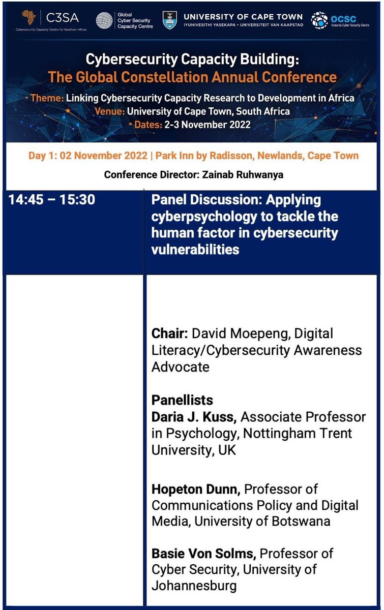 Yours truly will be leading a session this afternoon on how Cyberpsychology can be applied to tackle cybersecurity vulnerabilities that are caused by human behaviours.