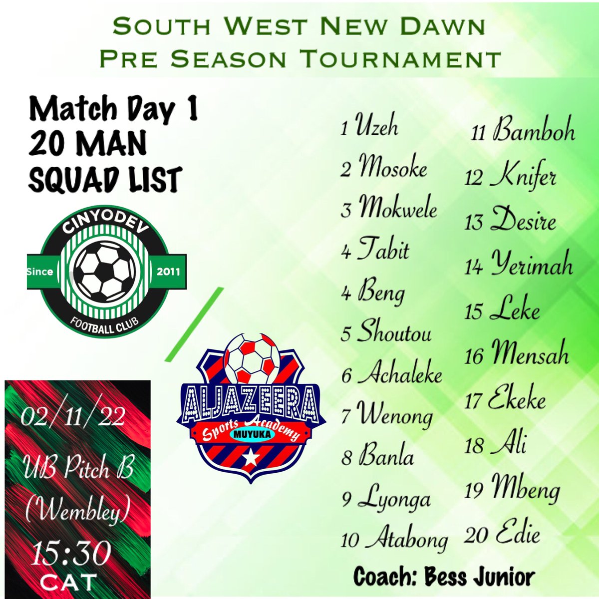Here’s our 20 man squad for today’s game against Aljazeera. Big 3 points today.
#CheckyBoys
🟢⚪️🟢⚪️