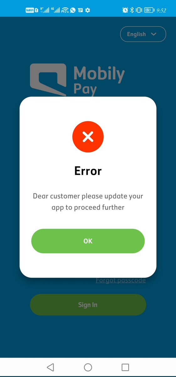 mtuh11's tweet photo. When I'm going to open my mobily pay. The error coming. Even my app is up to date. Also I delete the app install again but same error. Help me please @MobilyPay @Mobily https://t.co/4xYDDVNFrB