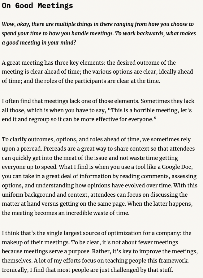 This interview with <a href="/eldsjal/">Daniel Ek</a> still one of my faves. His 'how to run a good meeting' guide is A+ 
theobservereffect.org/daniel.html