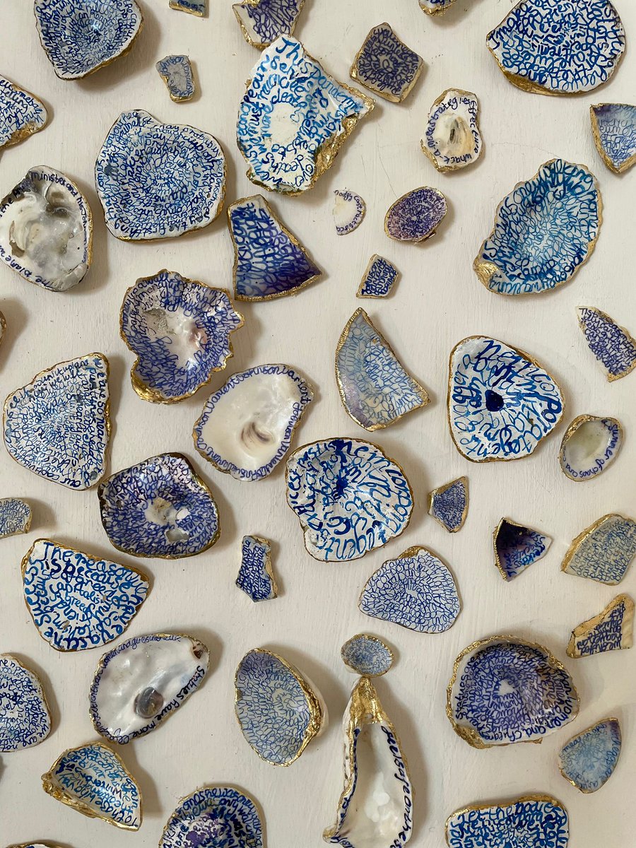 Our featured artist for this week, Maria Walker, does not always work on a monumental scale. These little gems, made using found shells and pottery shards referencing ancient votive offerings, are a commentary on truth, lies and obfuscation in modern British politics.