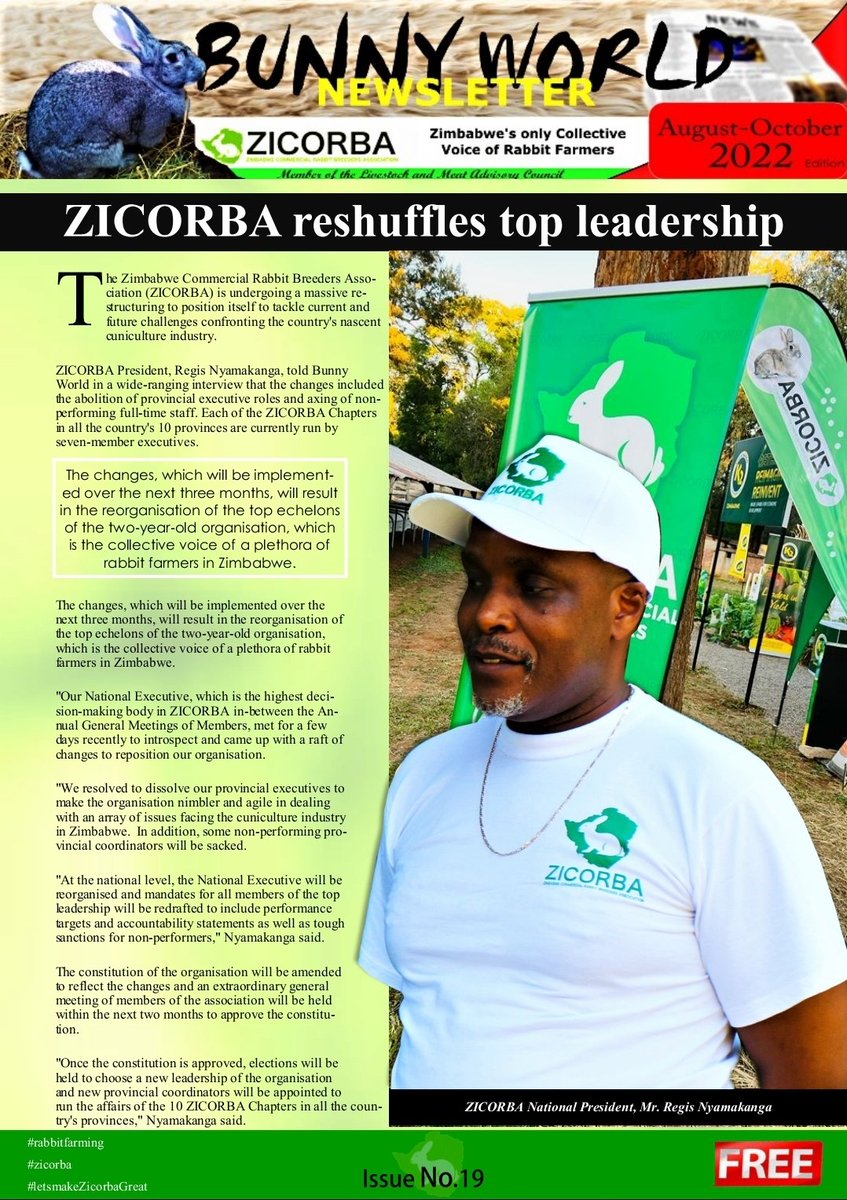 RabbitZimbabwe's tweet photo. Rabbit🐰🐰 farmers, your favorite monthly newsletter is now out and ready for distribution.The August - October 2022 edition of Bunny World newsletter is a must read! 
https://t.co/tVEFeV2peP
Don't forget to like and share🎯.
#letsmakezicorbagreat #zicorba #rabbitfarming https://t.co/TUVvREpG4M