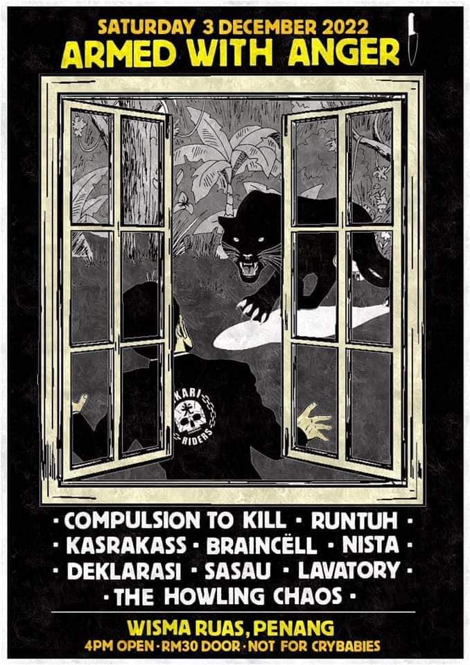 TheHowlingChaos's tweet photo. Stoked to share the stage with our extremely awesome local bands! 🔥🤘
See you at Wisma Ruas, Penang this 3rd December! 
#CompulsionToKill #Lavatory #TheHowlingChaos #Kasrakass #Nista #Sasau #Braincell #Runtuh #Deklarasi https://t.co/5CZnyhhdRc