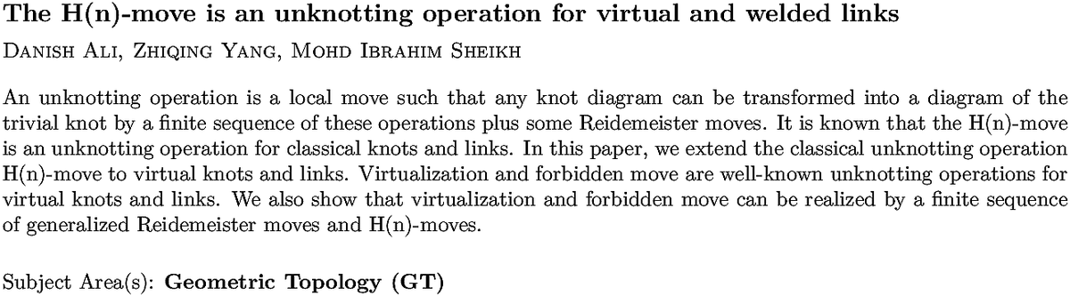 arxiv.org/abs/2211.00459…
D Ali et. al.
The H(n)-move is an unknotting operation for virtual and welded links