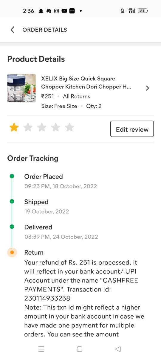 Cy_kai_'s tweet photo. @Meesho_Official 
I placed an order for 2 quantity but i received only 1 and i had to pay for both, when i returned it the refund i got was for only 1 quantity Because of your late work and replies they say i cannot get my refund now please do the needy and give my amount back. https://t.co/8XJsMFgTZY