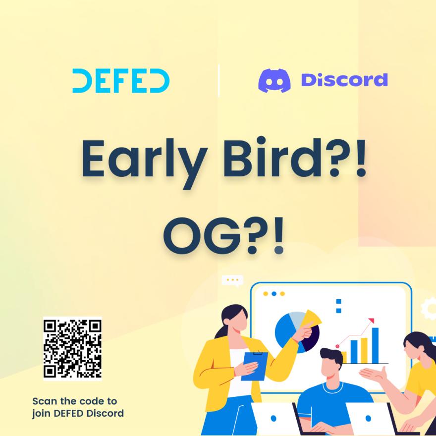 DEFED's #EarlyBird role is now open for everyone! 

Benefits：
🌟Get raffled on DEFE token and USDT
🌟Enjoy exclusive play-to-earn events
🌟Claim limited #OG role

Join now: discord.gg/yUq5Vk6RGJ
Try DEFED at defed.finance

#crypto #web3community #cryptowallet #DEFED