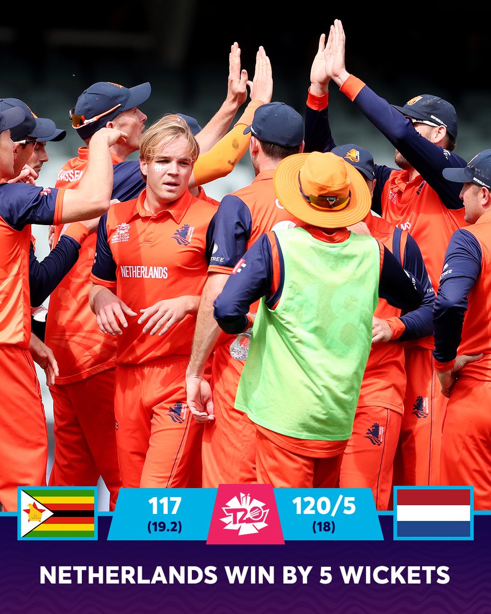 A good performance from Netherlands to seal a victory against Zimbabwe in Adelaide 👏

#T20WorldCup | #ZIMvNED | 📝: bit.ly/ZIMvNED-S12