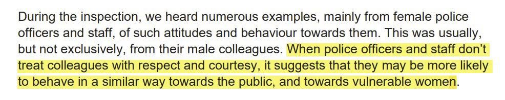 This report from <a href="/HMICFRS/">HMICFRS</a> provides a much-needed insight to failures in vetting and a culture of misconduct and misogyny that exists within police forces nationwide. The below from the report demonstrates why this must change. 🧵 👇