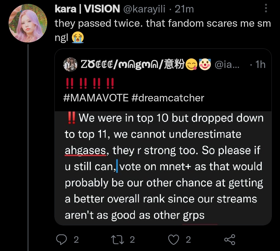 now ahgase are a fandom who scares others fandoms 😭 we went from the "they have fans" "they are flops" to this and I'm giggling 😁😁😁

#got7 #MAMAVOTE