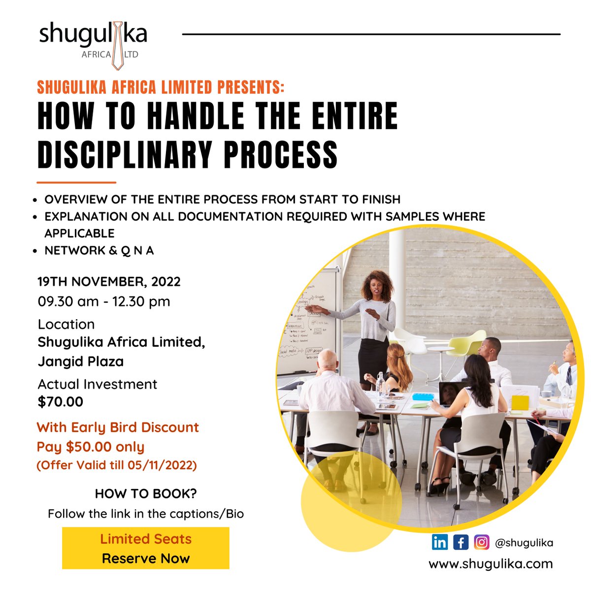 Shugulika's tweet image. Get the Early Bird Discount and Pay $50 only!!
Learn how to conduct and handle the entire disciplinary process for your organization.
Click the link: zcu.io/17AU 
**Early Bird Offer is only valid till 05/11/2022

 #disciplinaryprocess #training #hr #corporatelaw
