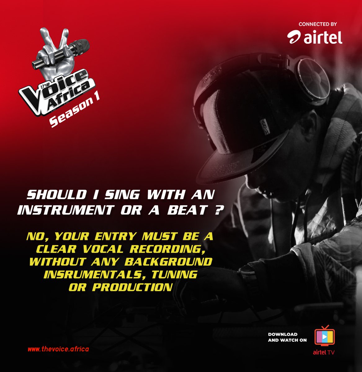 AIRTEL_KE's tweet photo. Let your voice take center stage. Visit https://t.co/r8fXPiIsxz follow the easy steps to register for #TheVoiceAfrica. Deadline 10th November 2022. T&amp;Cs apply. #ConnectedByAirtel https://t.co/8p2CIl1z3v