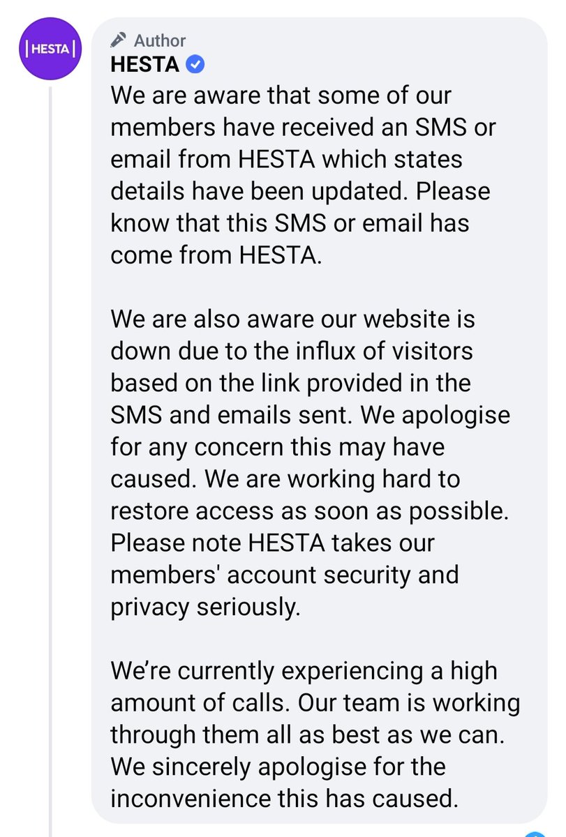 NVelociraptorC's tweet photo. Update: @HESTASuper has published a response on their Facebook comments. Confirms messages came from HESTA but not why or if it was an error. https://t.co/MD26K59EVN
